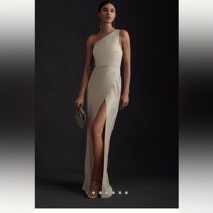 BHLDN one shoulder gown in champagne